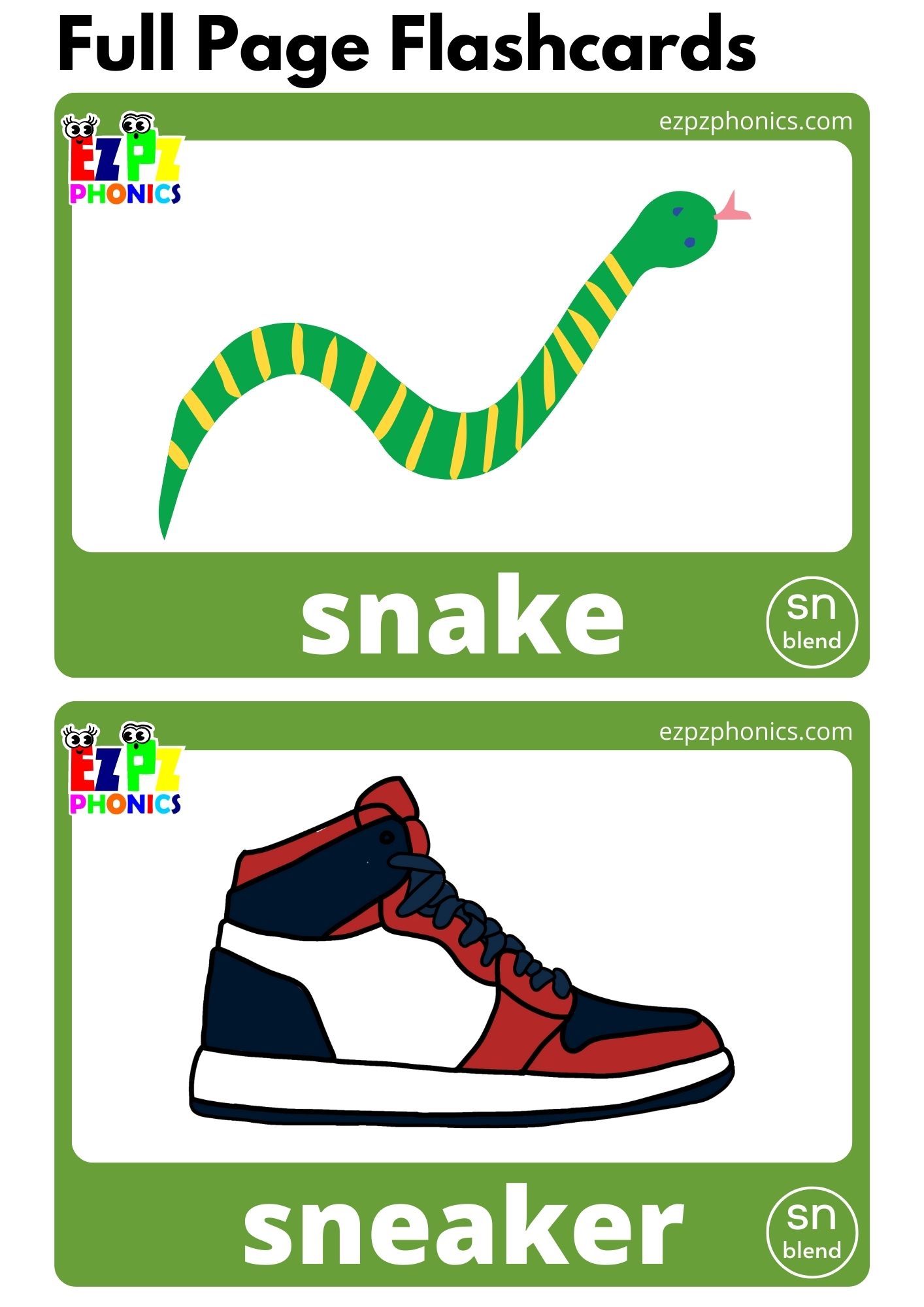 SN Blends Phonics Flashcards with Images and Words Download Free Printable PDF or View Online for Teaching Phonics to Kindergarten and ESL Students